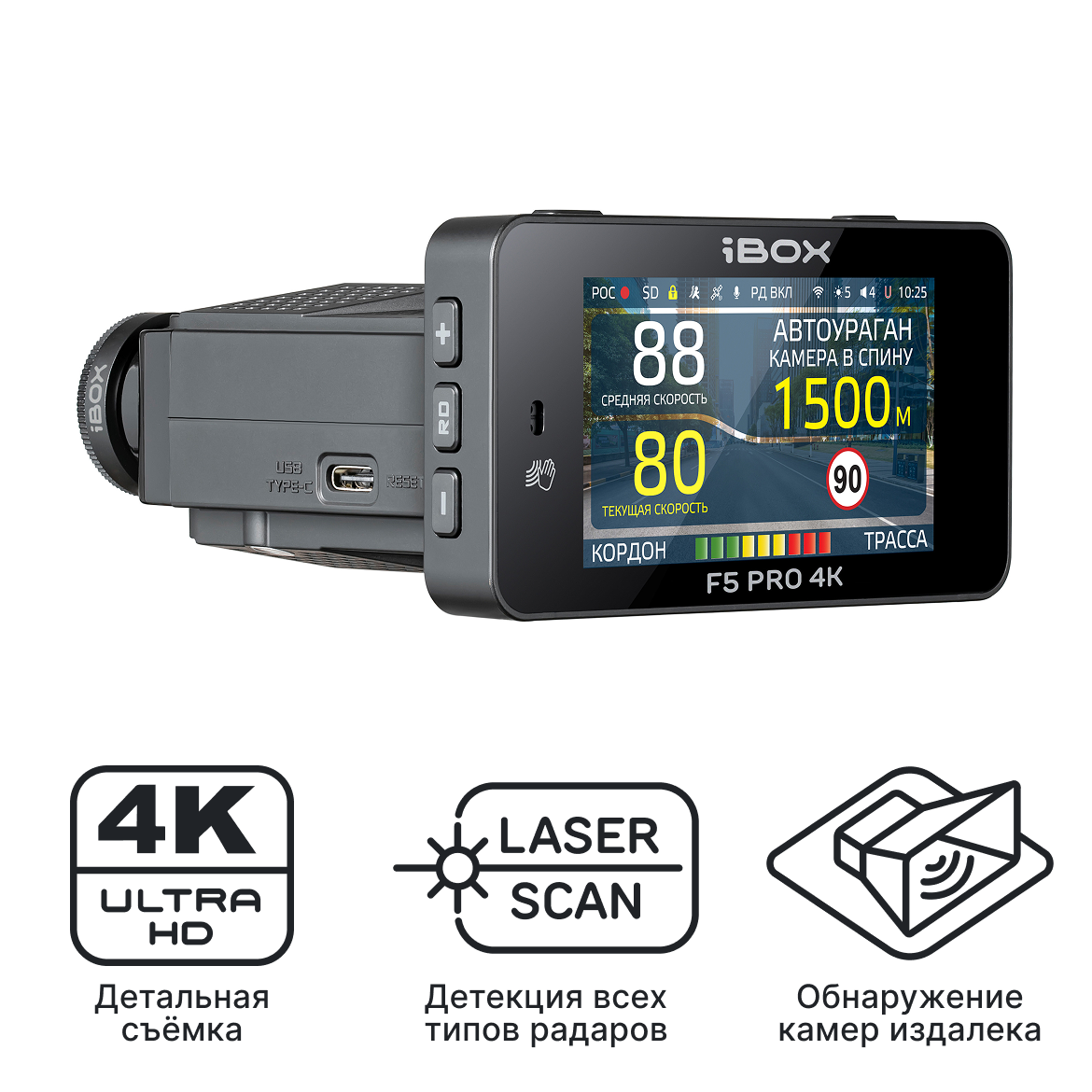 Видеорегистратор с сигнатурным радар-детектором iBOX F5 PRO 4K LaserScan WiFi Signature Dual
